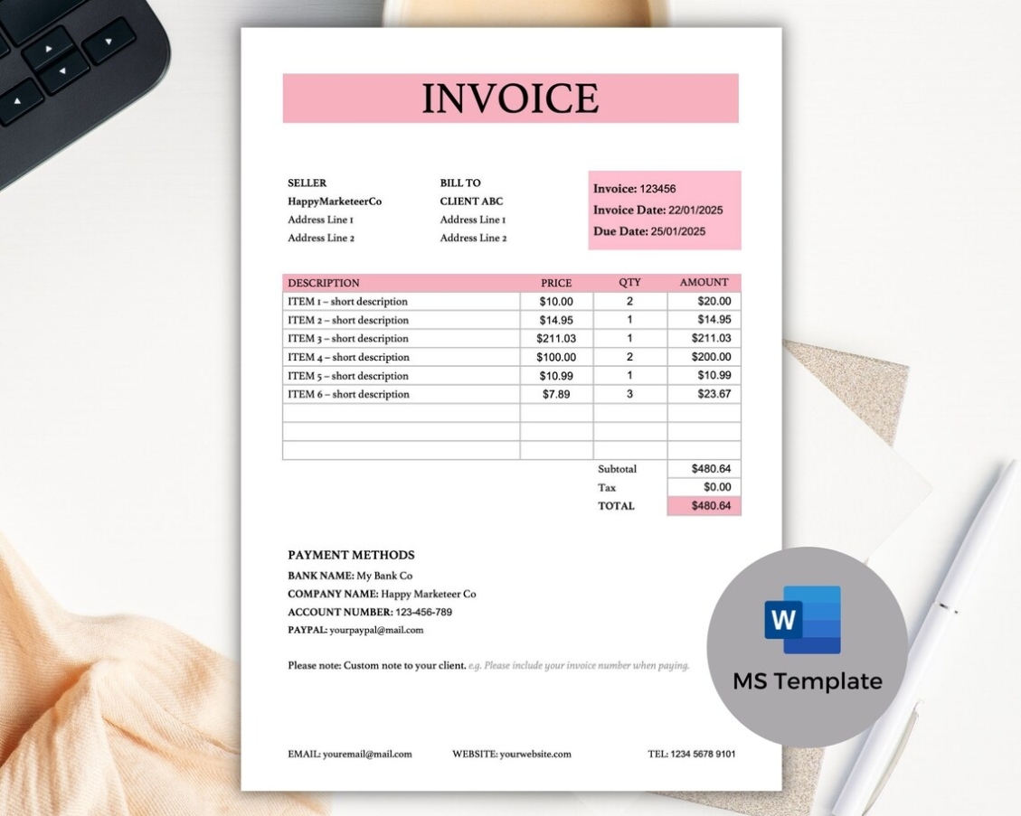 Pink Editable Invoice Template Printable Business Invoice – Etsy New Zealand For Invoice Template New Zealand