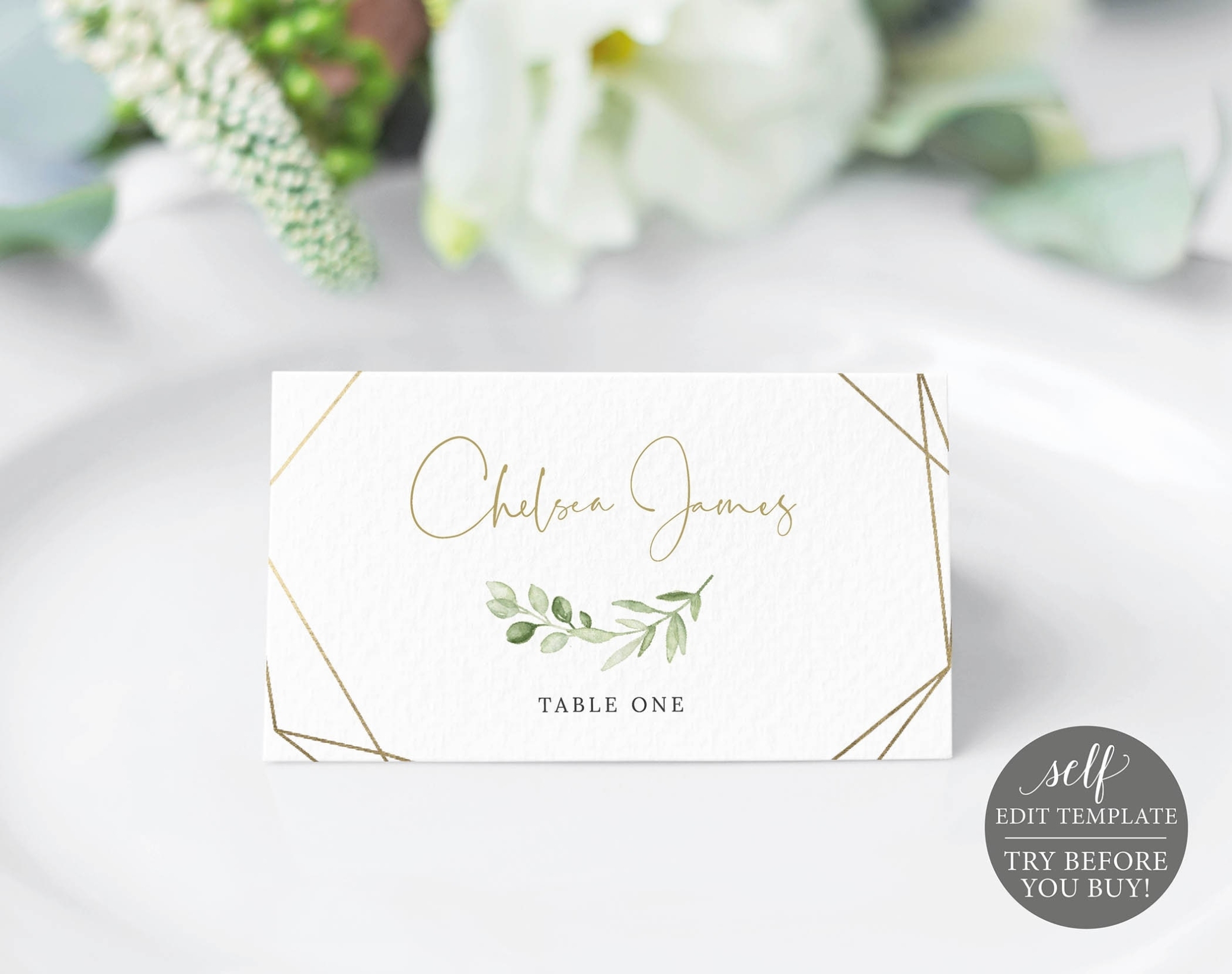 Place Card Template, Templett, Editable Printable, Instant Download, Greenery & Gold Regarding Free Place Card Templates 6 Per Page