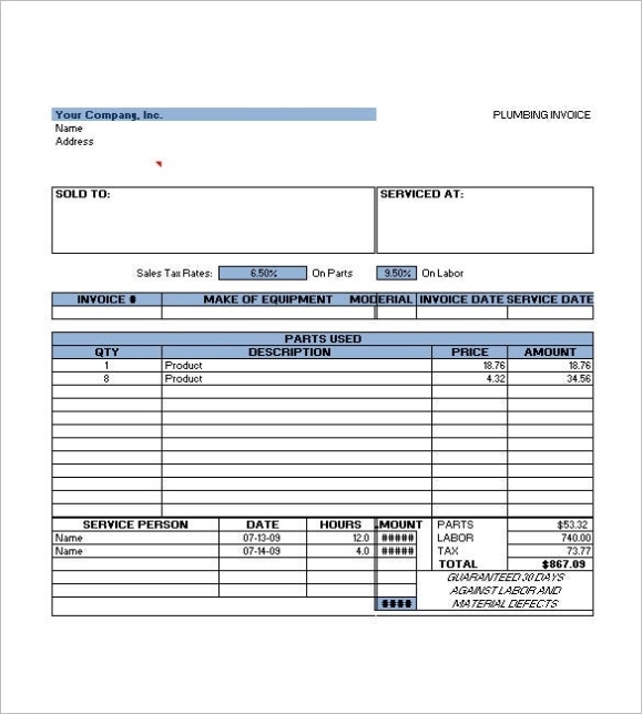 Plumbing Invoice Templates | 18+ Free Printable Xlsx, Docs & Pdf Formats, Samples, Examples, Forms For Parts And Labor Invoice Template Free
