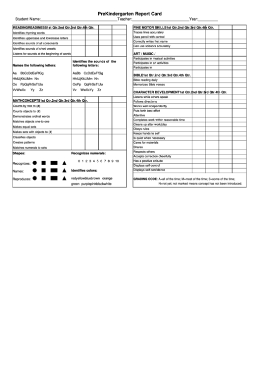 Pre Kindergarten Report Card Printable Pdf Download With Character Report Card Template