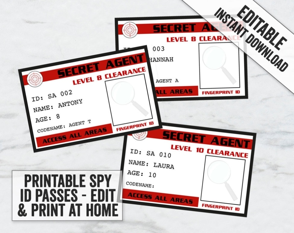 Printable Secret Agent Id Passes Editable Spy Party | Etsy for Spy Id Card Template