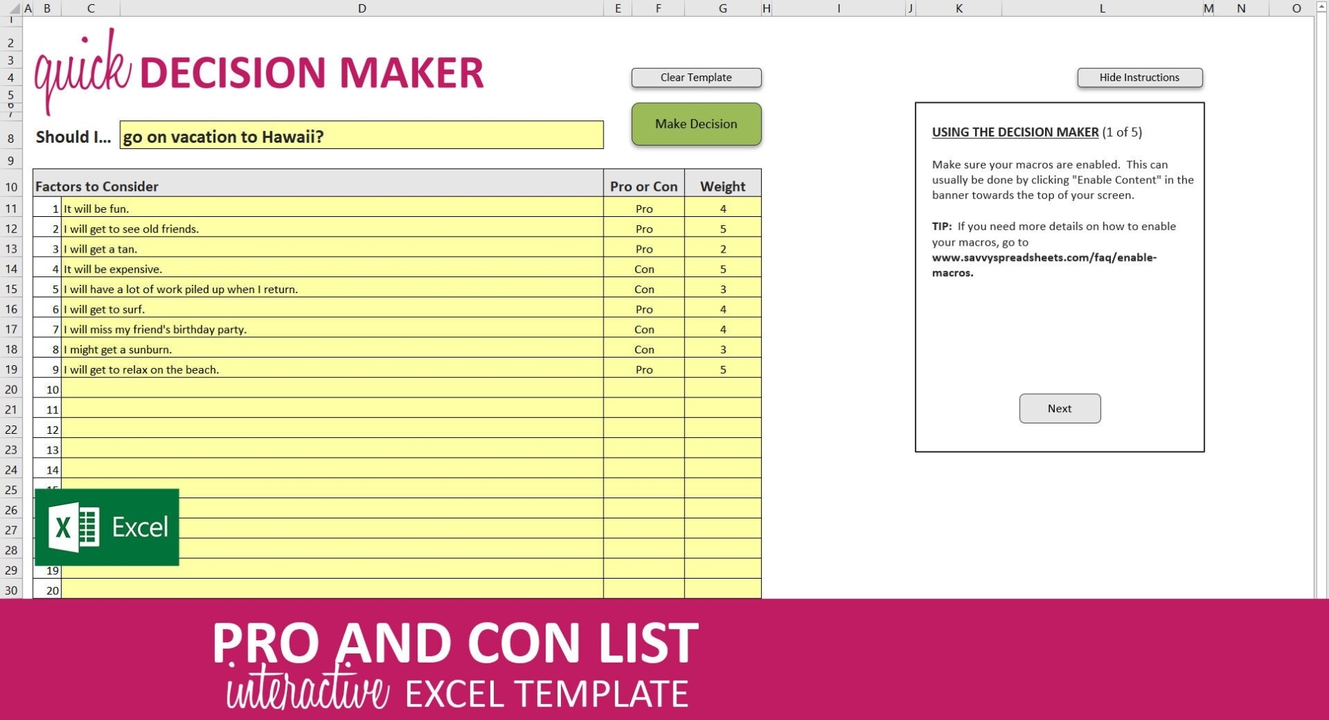 Quick Decision Maker Excel Template Interactive Pro And | Etsy Uk With Decision Card Template