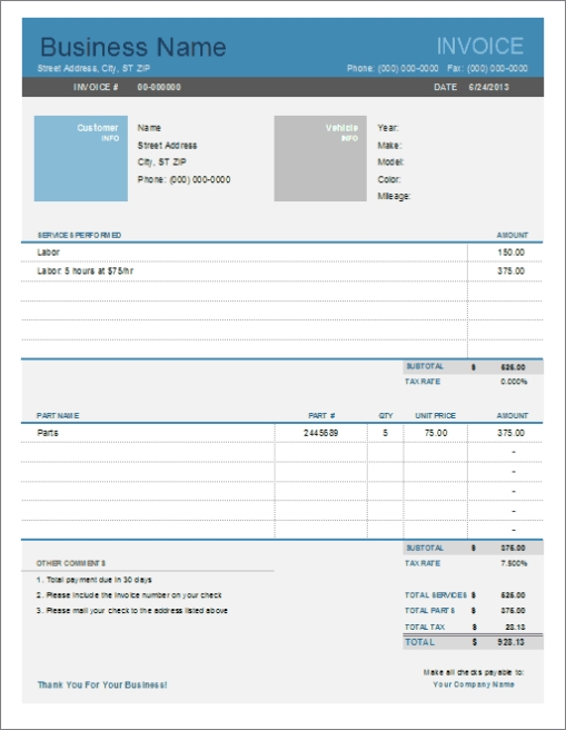 Repair Invoice Sample – Invoice Template For Excel Invoice Template 2003