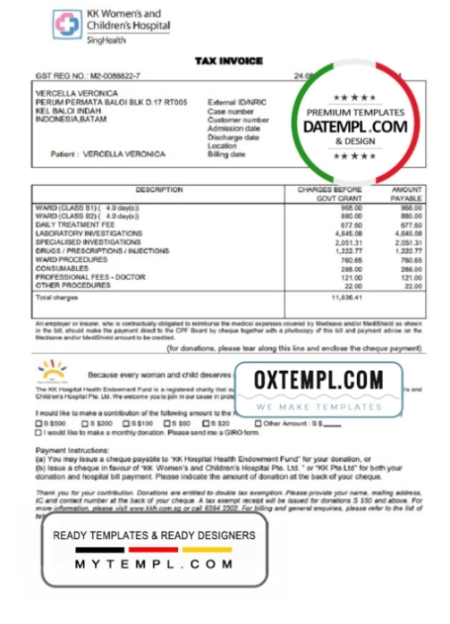 Singapore Kk Women'S And Children'S Hospital Tax Invoice Template In .Doc And .Pdf Format With Singapore Invoice Template