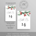 Table Number Card Template, Winter Wedding Table Number, Holly, Evergreen, Rustic, 100% Editable For Table Number Cards Template