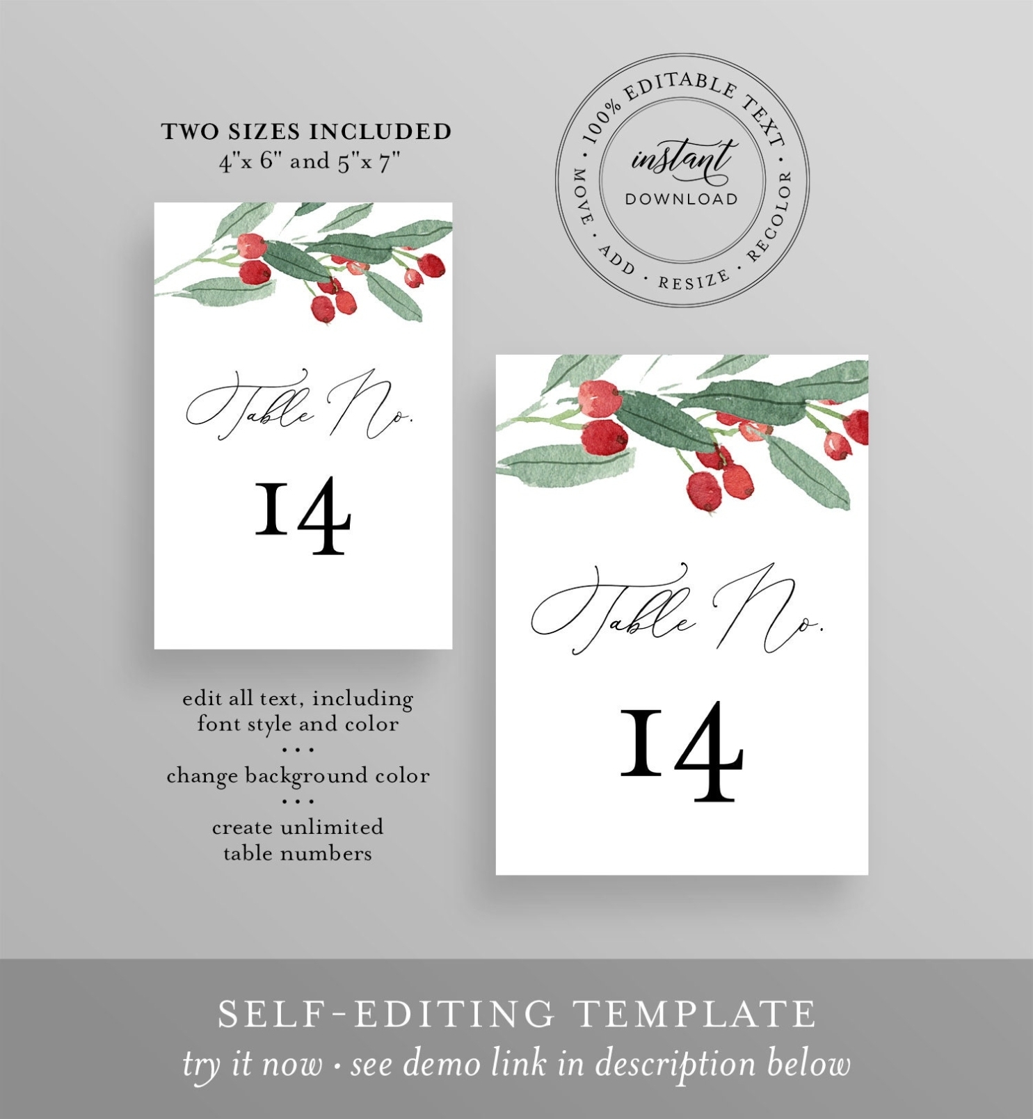 Table Number Card Template, Winter Wedding Table Number, Holly, Evergreen, Rustic, 100% Editable for Table Number Cards Template