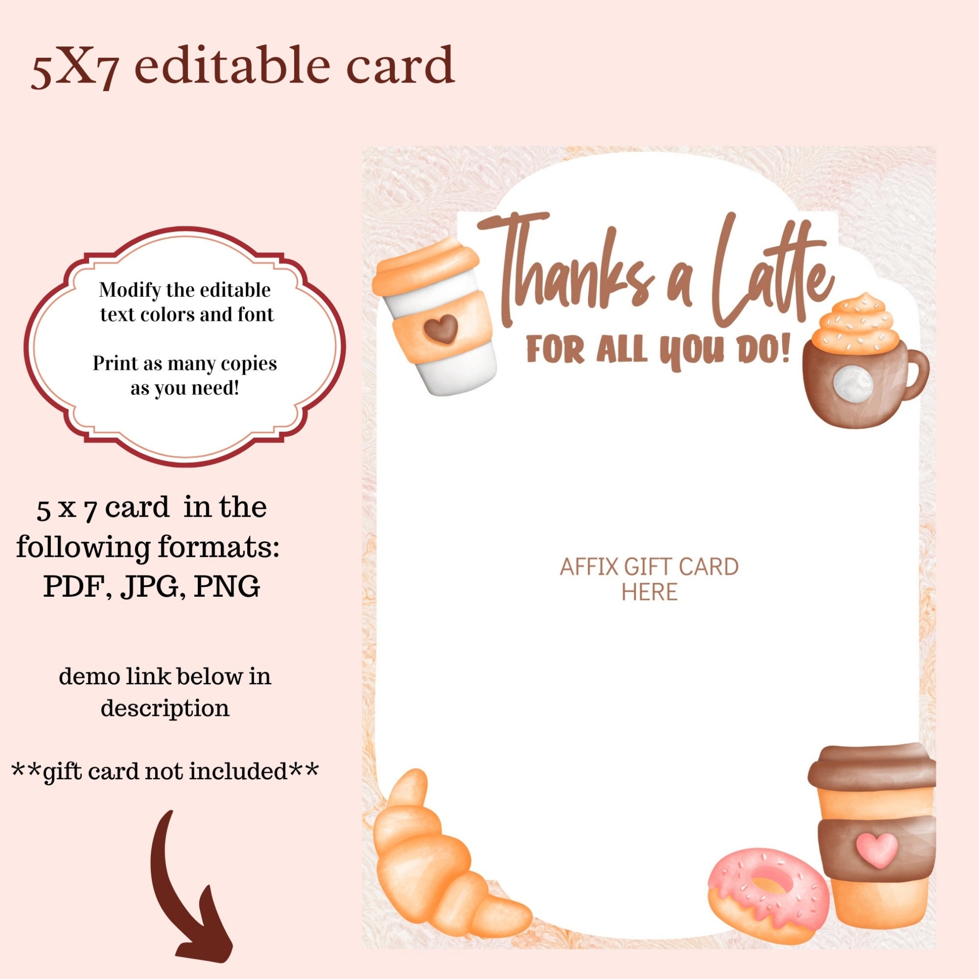 Thank You Card Thanks A Latte 5 X 7 Editable Template With | Etsy Regarding Thanks A Latte Card Template