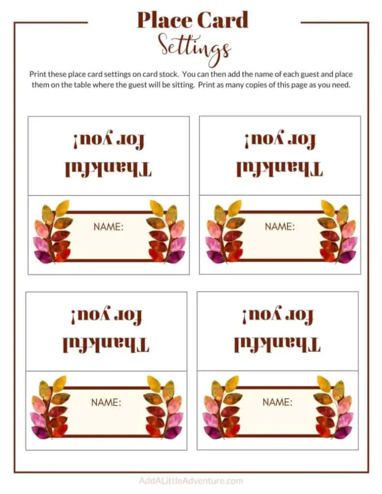 Thanksgiving Place Cards Printable - Diy Template - Add A Little Adventure with regard to Thanksgiving Place Cards Template