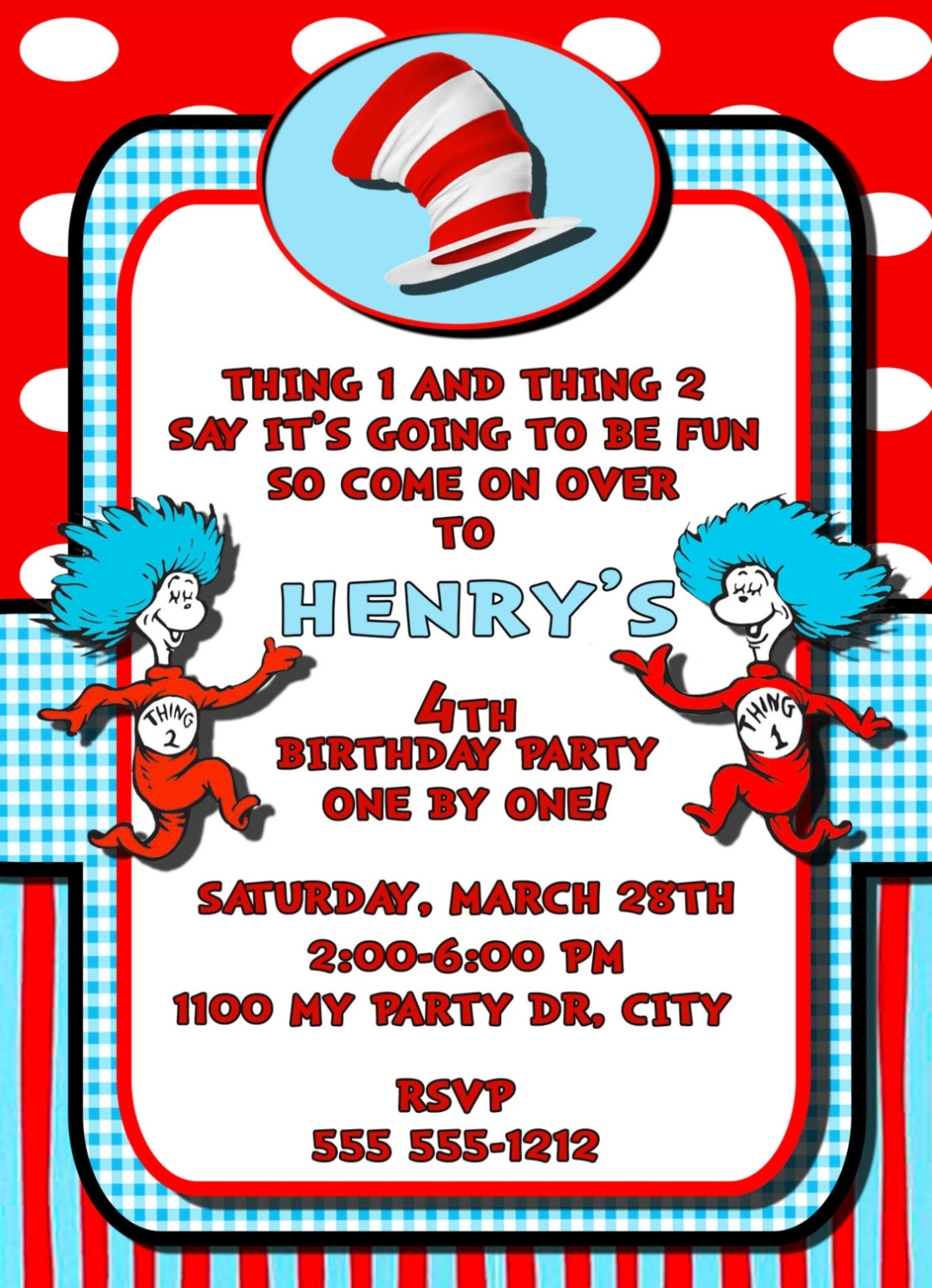 Thing 1 & 2 Personalized Birthday Invitation 1 Sided, Birthday Card, Party Invitation, Twins Intended For Dr Seuss Birthday Card Template