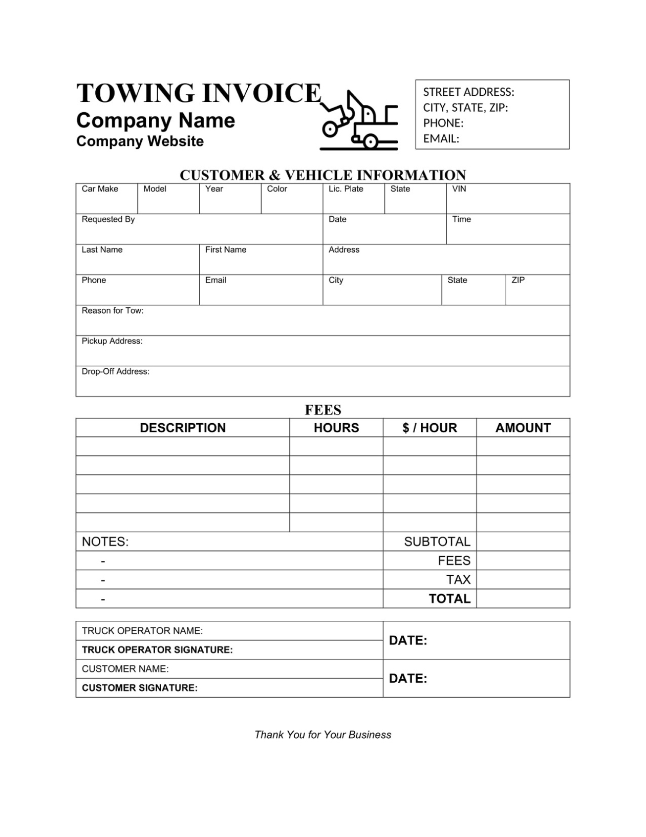 Towing Invoice Template Sample | Geneevarojr Within Towing Business Plan Template