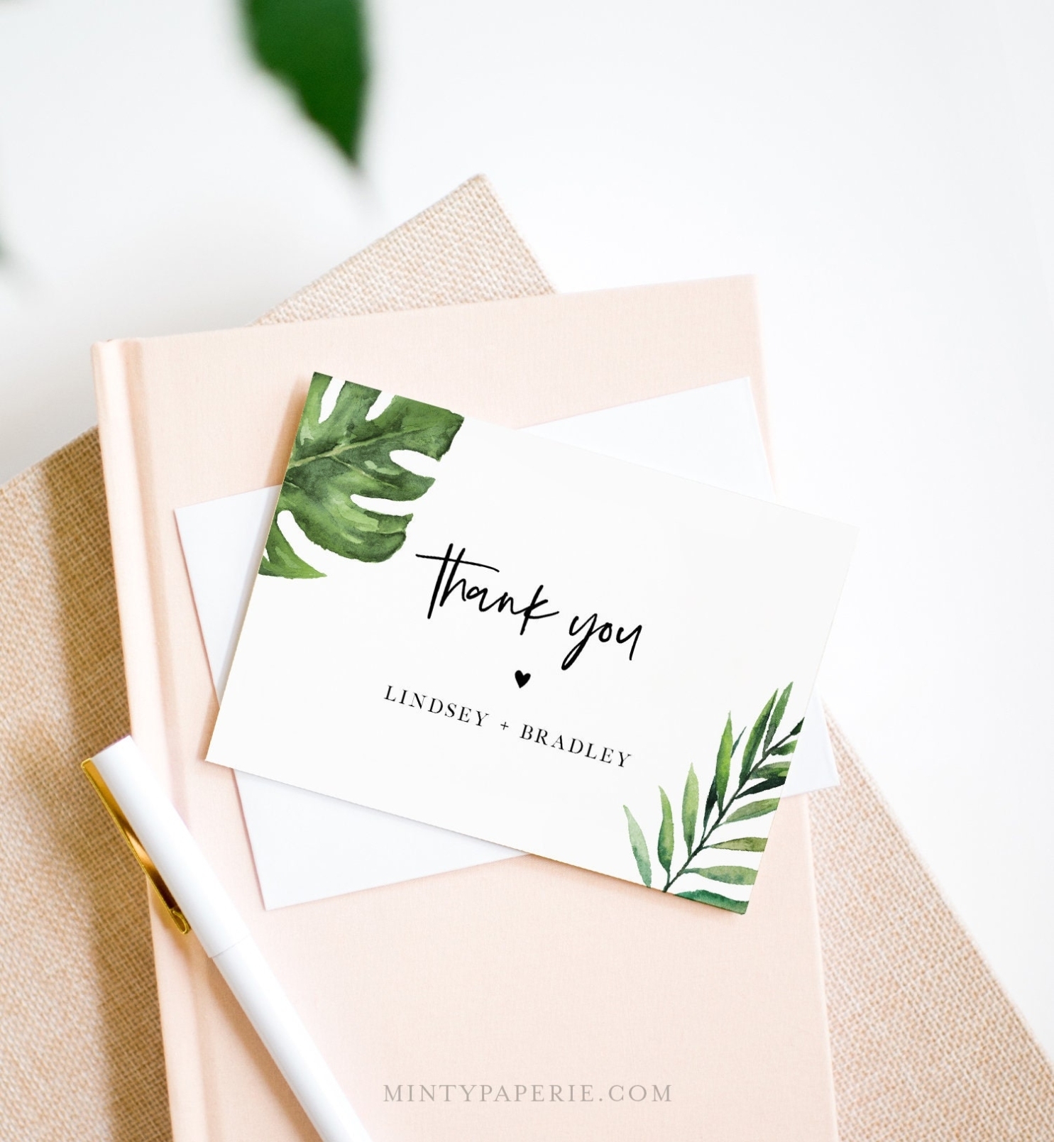 Tropical Thank You Note Card Template, Printable Wedding / Bridal Shower Folded Card, Palm In Thank You Note Cards Template