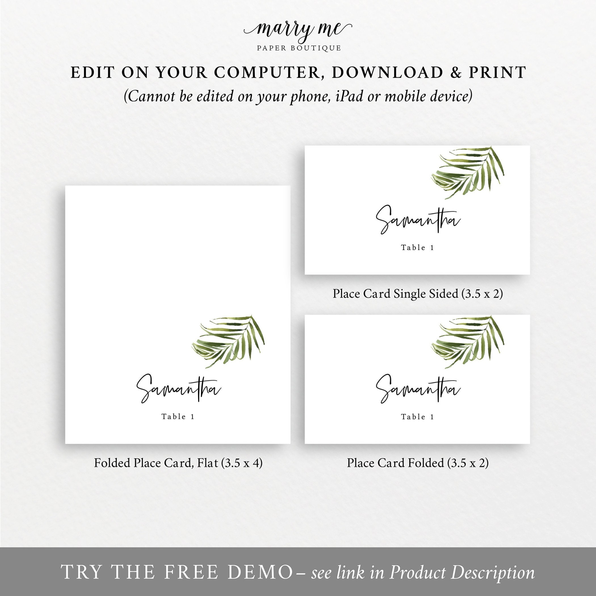 Tropical Wedding Place Card Template, Greenery Seating Card Printable Pertaining To Place Card Template Free 6 Per Page
