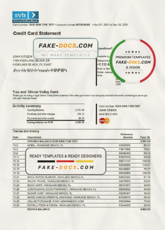 Usa Florida Silicon Valley Bank Credit Card Statement Template In Excel And Pdf Format | Fake Docs Regarding Credit Card Statement Template Excel