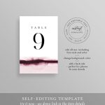 Watercolor Table Number Card Template, Burgundy Wine Wedding Table Number, Editable, Instant Within Table Number Cards Template
