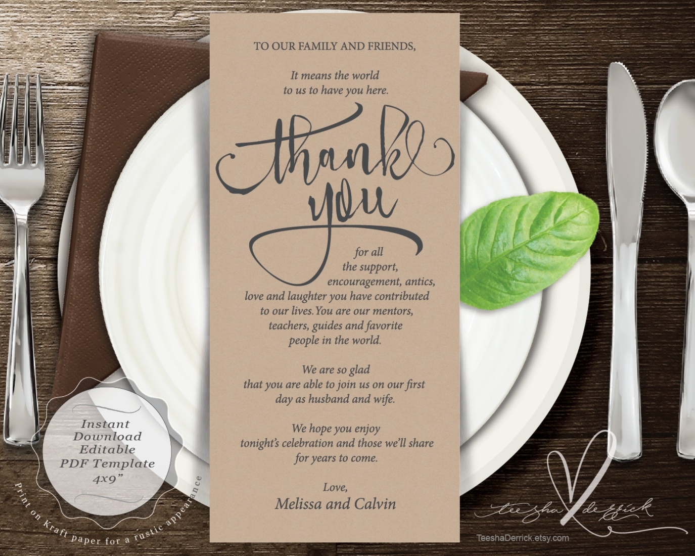 Wedding Place Setting Thank You Card Instant Download Throughout Place Card Setting Template