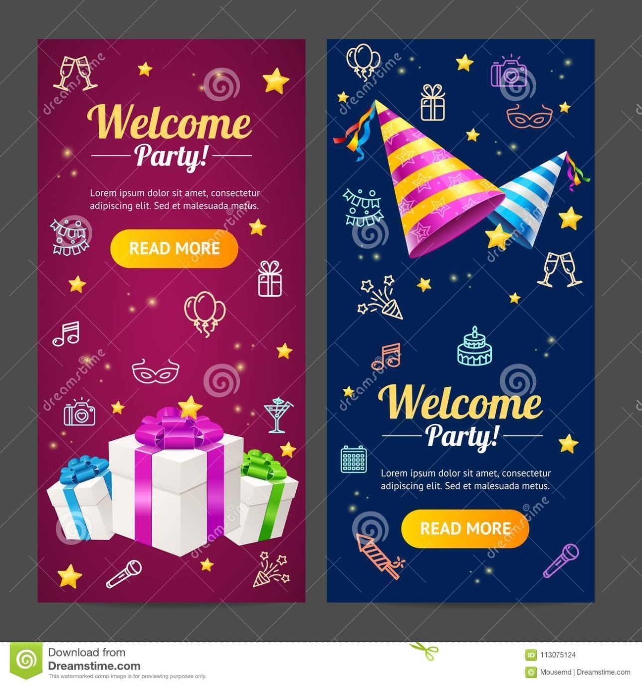 Welcome Party Template Card Vecrtical Set. Vector Stock Vector – Illustration Of Concept With Celebrate It Templates Place Cards