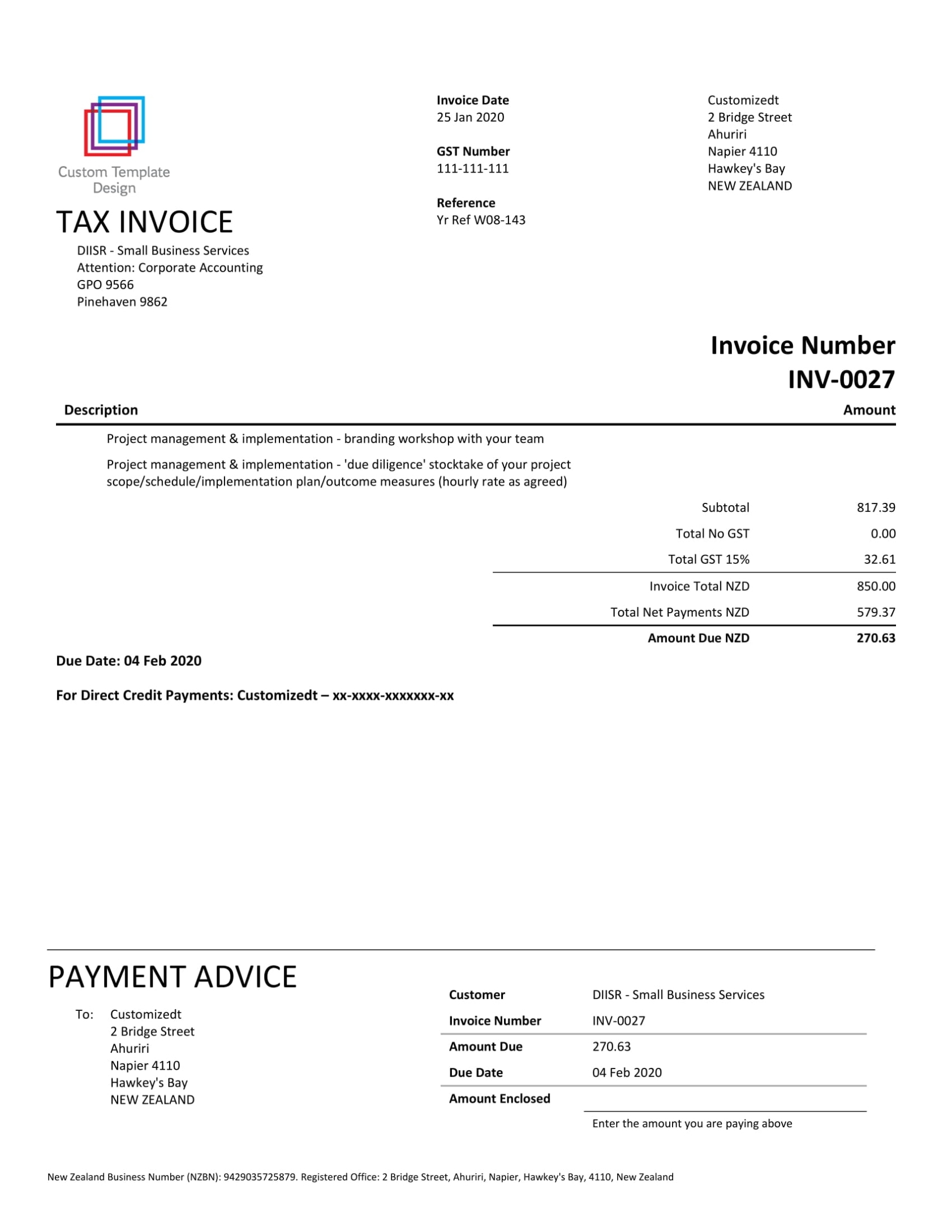 Xero Invoice No Line Pricing Payment Advice On Last Page Regarding Xero Custom Invoice Template